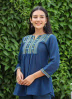 Kaajh Women's Navy Blue Embroidered Cotton Top