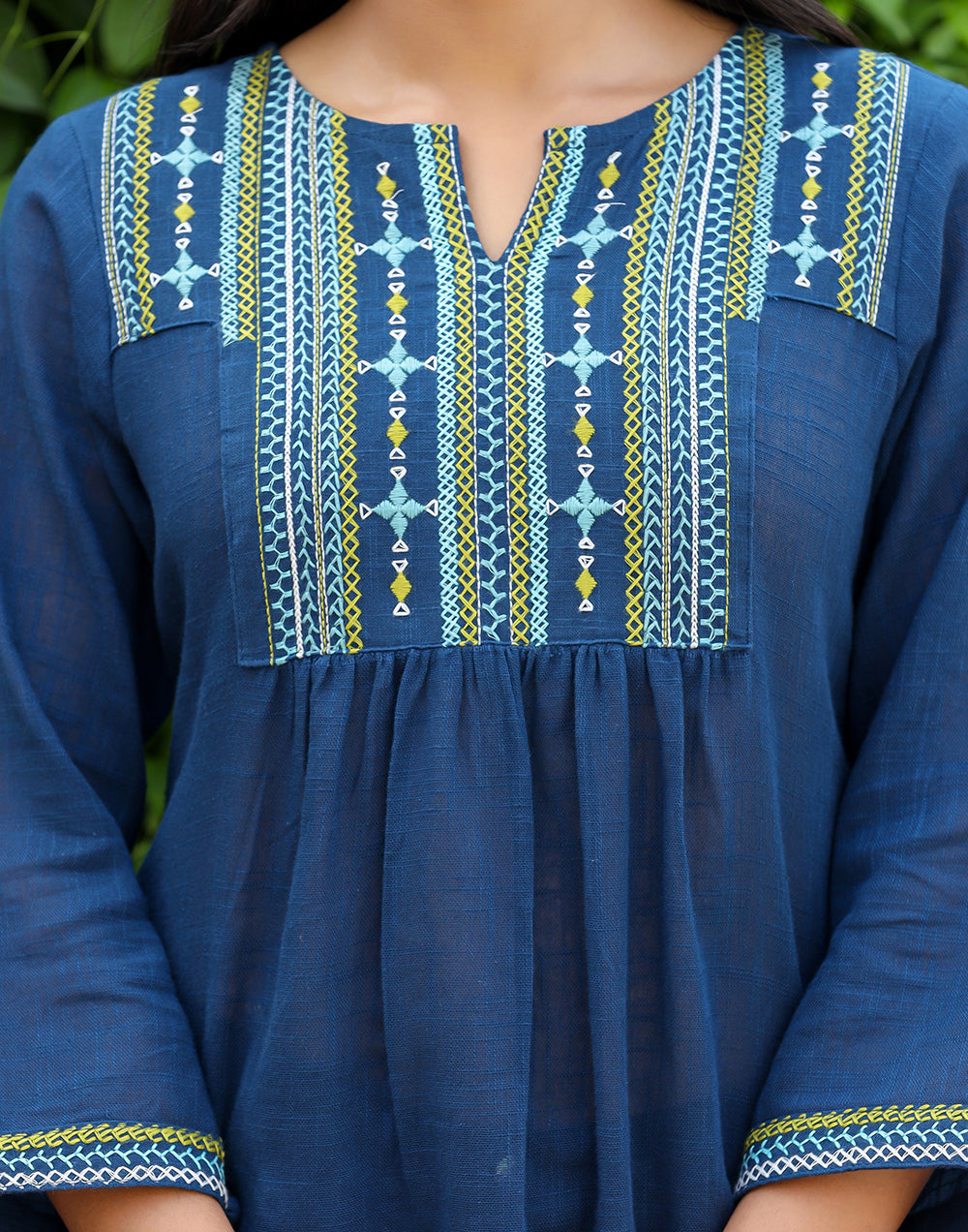 Kaajh Women's Navy Blue Embroidered Cotton Top