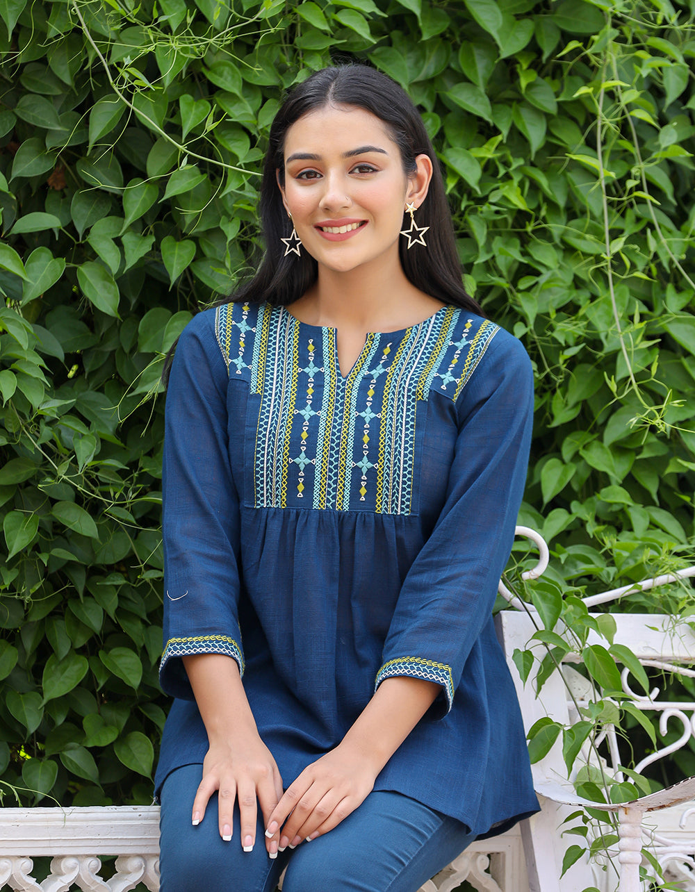 Kaajh Women's Navy Blue Embroidered Cotton Top