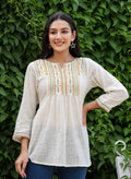 Kaajh Women's Off White Embroidered Cotton Top