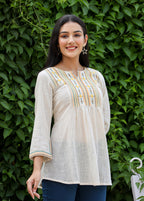 Kaajh Women's Off White Embroidered Cotton Top