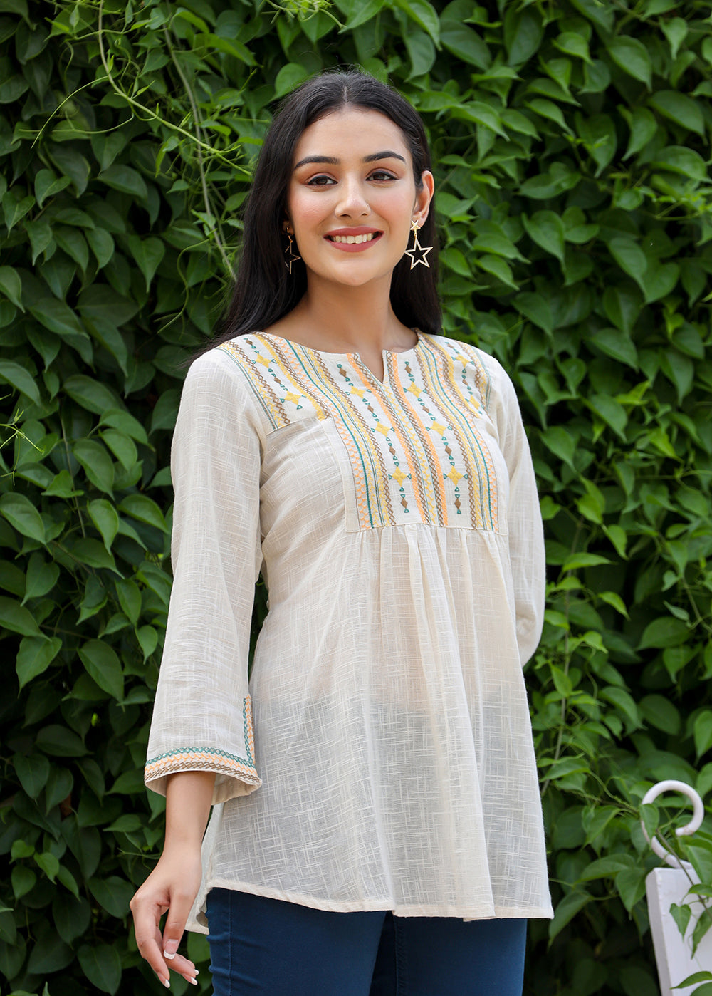 Kaajh Women's Off White Embroidered Cotton Top