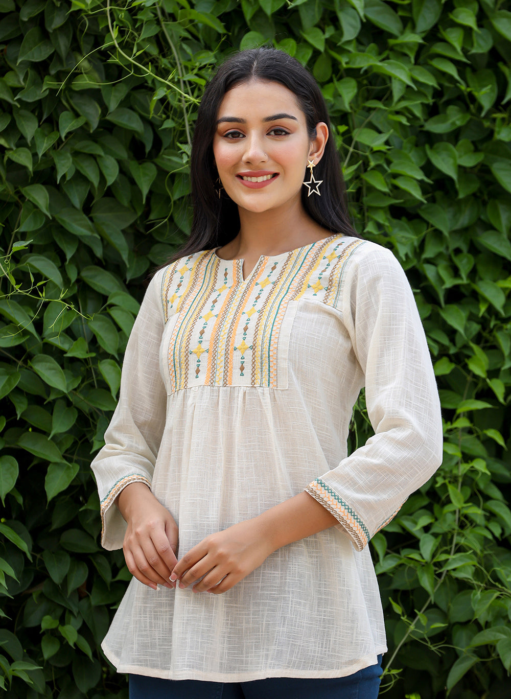 Kaajh Women's Off White Embroidered Cotton Top