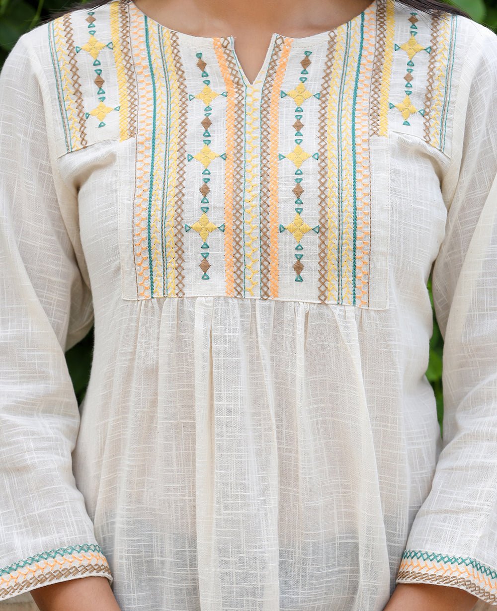 Kaajh Women's Off White Embroidered Cotton Top