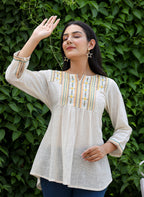 Kaajh Women's Off White Embroidered Cotton Top