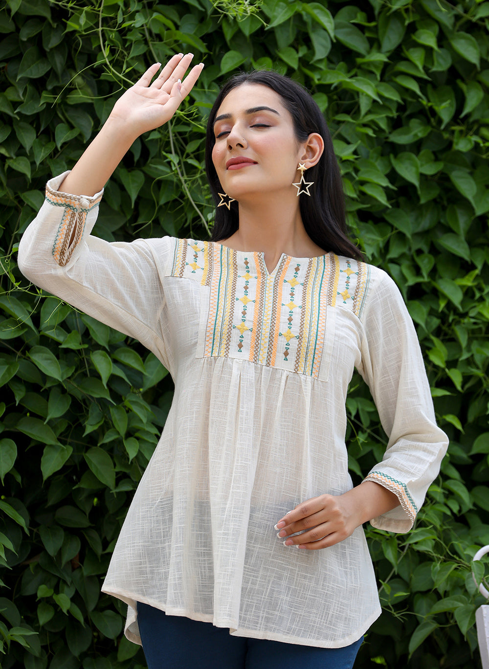 Kaajh Women's Off White Embroidered Cotton Top