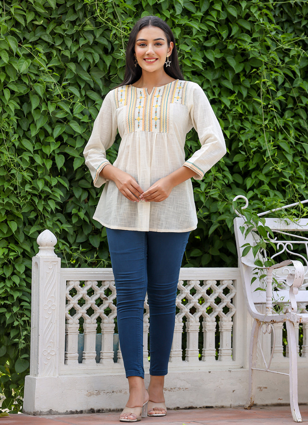 Kaajh Women's Off White Embroidered Cotton Top