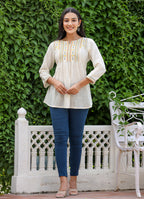 Kaajh Women's Off White Embroidered Cotton Top