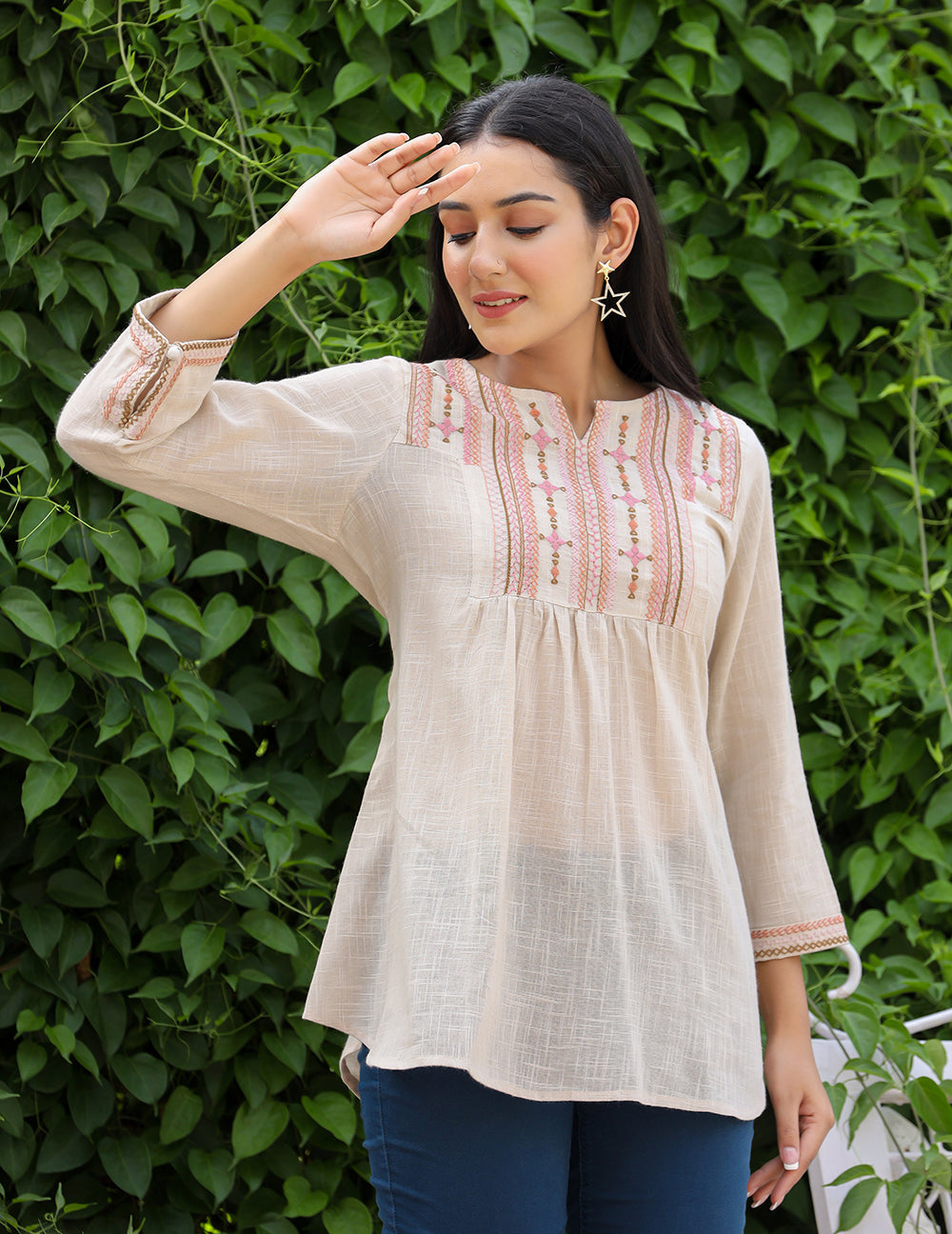 Kaajh Women's Ivory Embroidered Cotton Top