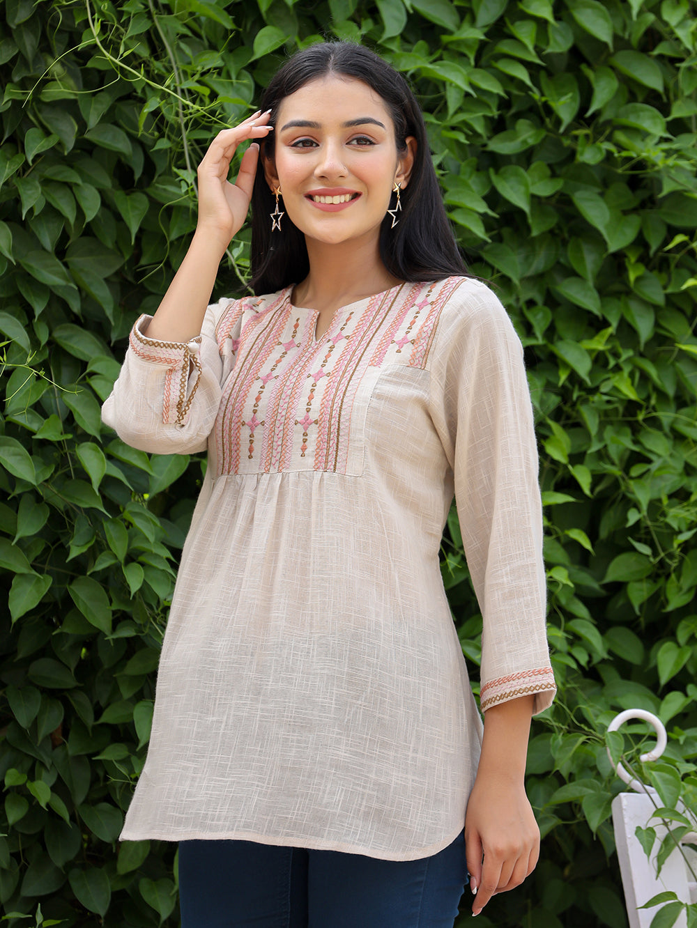 Kaajh Women's Ivory Embroidered Cotton Top