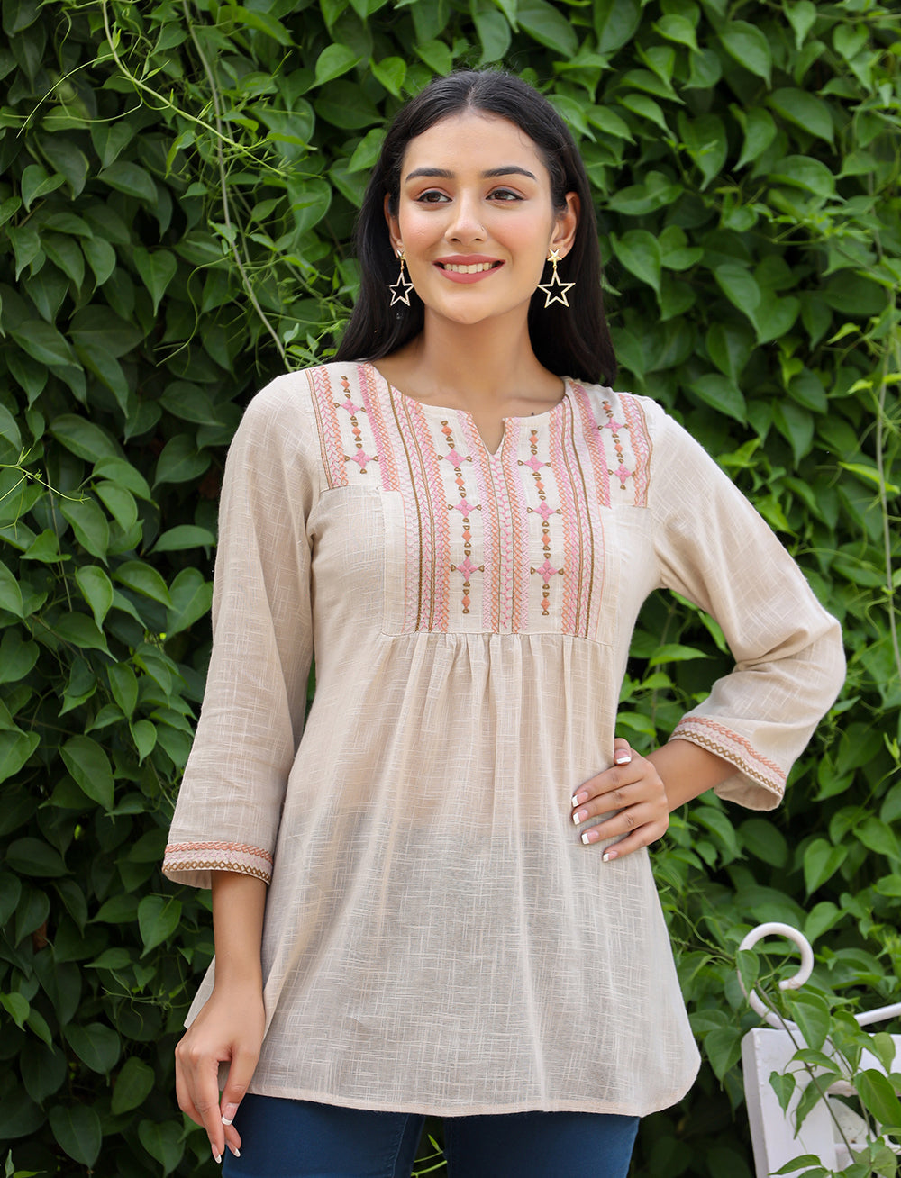 Kaajh Women's Ivory Embroidered Cotton Top