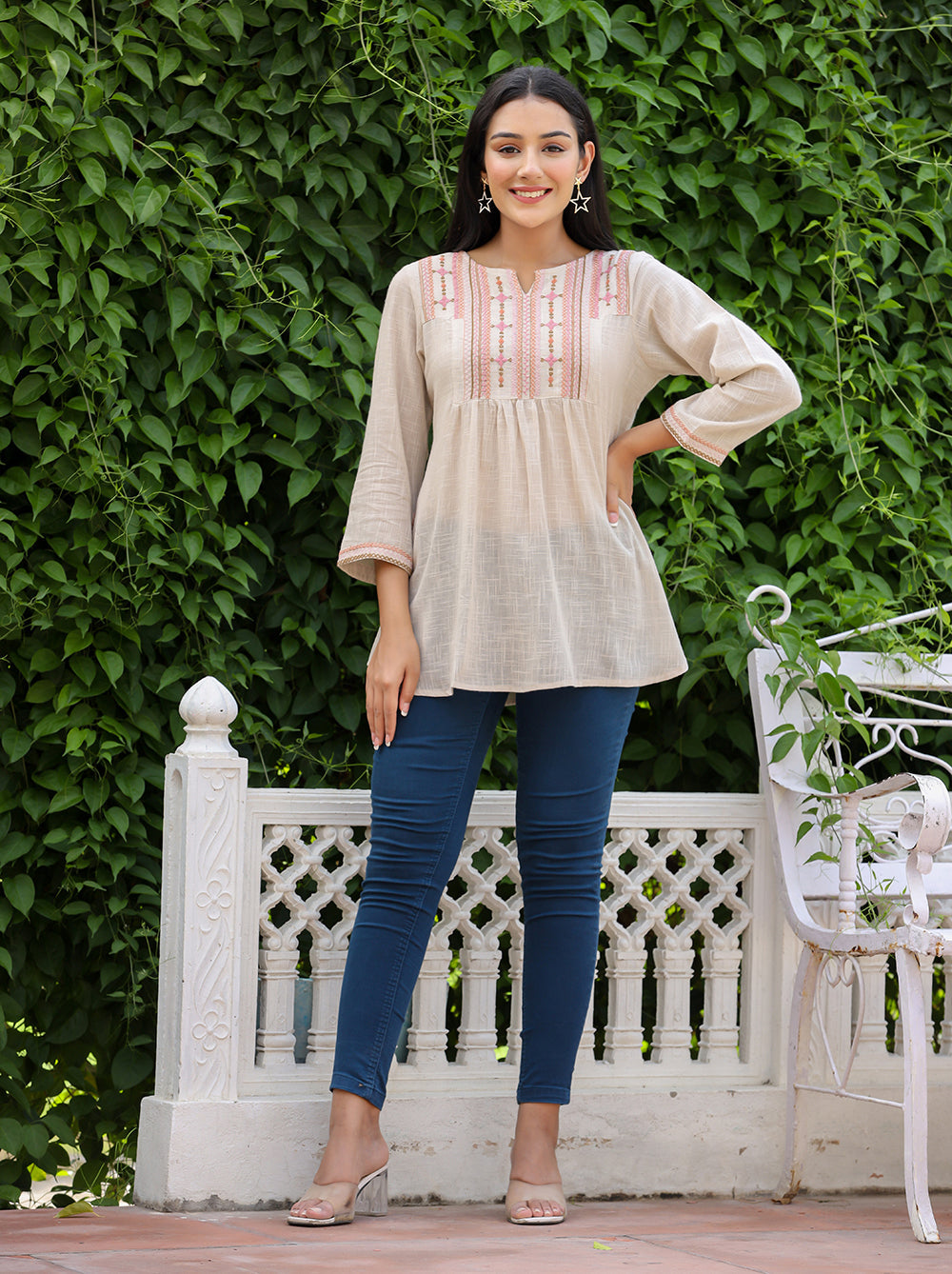 Kaajh Women's Ivory Embroidered Cotton Top