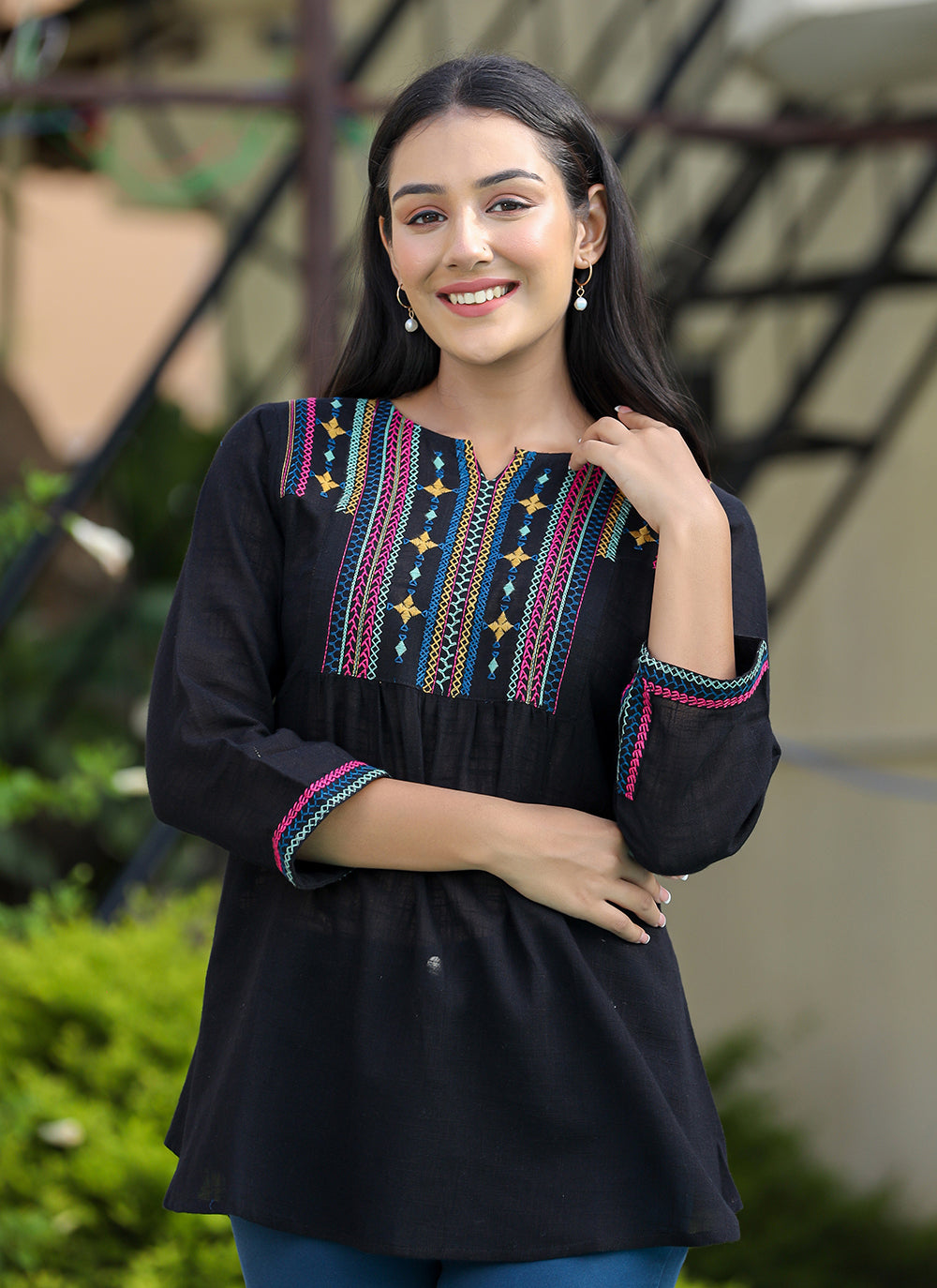 Kaajh Women's Black Embroidered Cotton Top