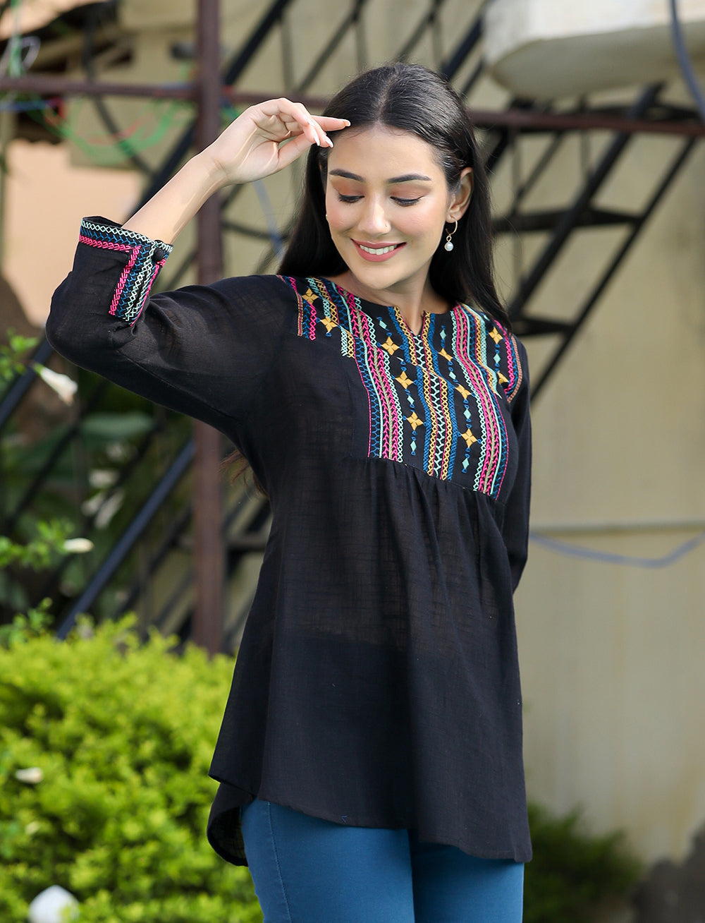 Kaajh Women's Black Embroidered Cotton Top