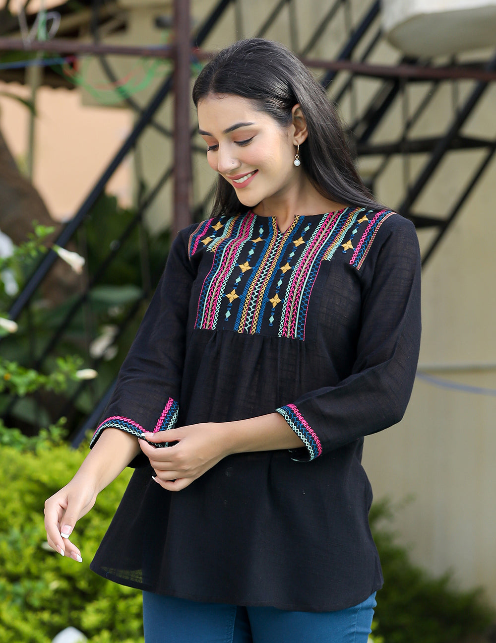 Kaajh Women's Black Embroidered Cotton Top