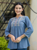Kaajh Women's Light Blue Embroidered Cotton Top