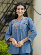 Kaajh Women's Light Blue Embroidered Cotton Top