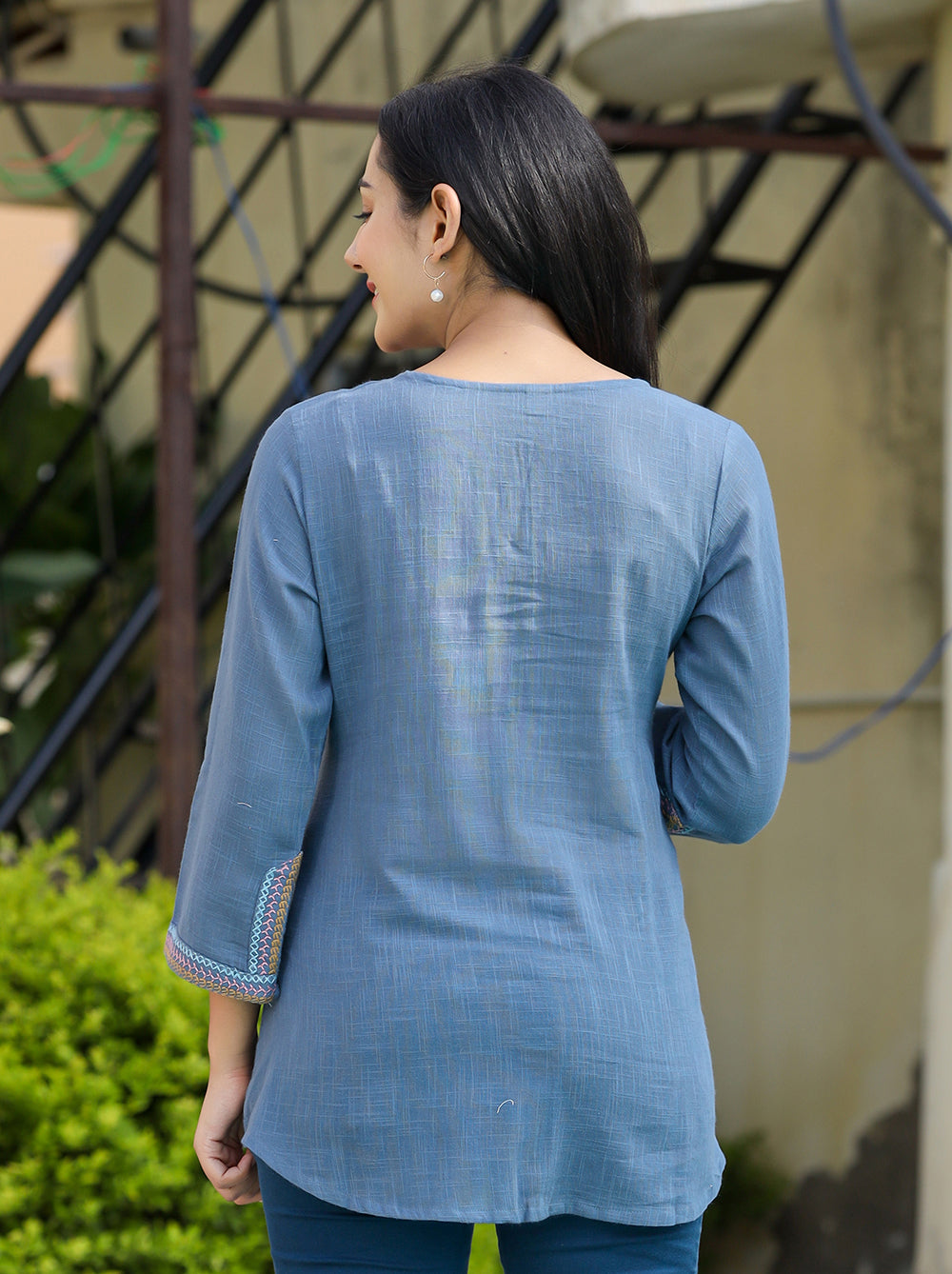 Kaajh Women's Light Blue Embroidered Cotton Top
