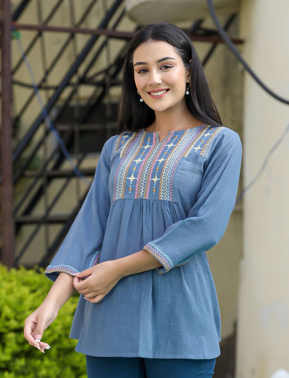 Kaajh Women's Light Blue Embroidered Cotton Top