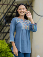 Kaajh Women's Light Blue Embroidered Cotton Top