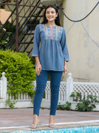 Kaajh Women's Light Blue Embroidered Cotton Top
