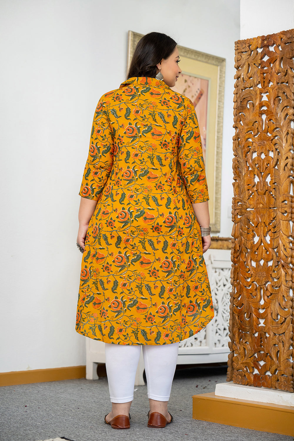 Kaajh Women's Yellow Floral Printed Plus Size Cotton Kurta - Distacart