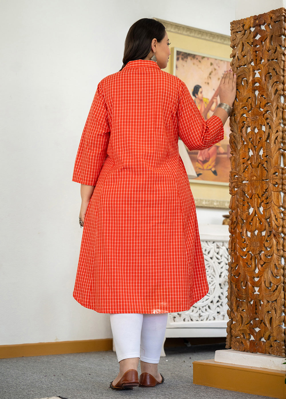 Kaajh Women's Red Check Print Plus Size Cotton Kurta - Distacart