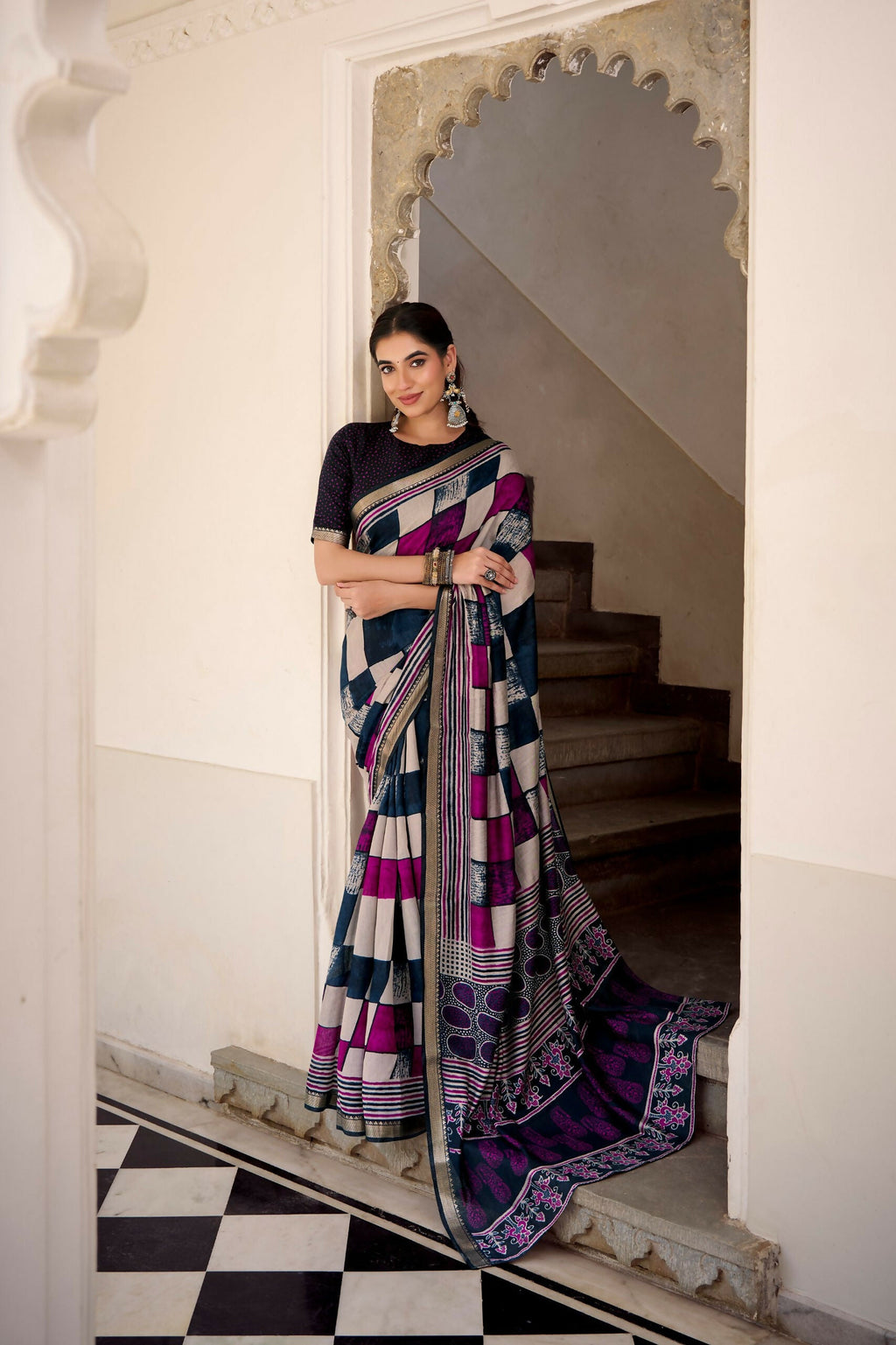 Vastranavya Navy Blue Viscose Chanderi Printed with Temple Border Saree & Unstitched Blouse - Distacart