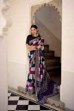 Vastranavya Navy Blue Viscose Chanderi Printed with Temple Border Saree & Unstitched Blouse - Distacart