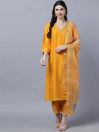 Myshka Stylish Mustard 3/4 Sleeve Women's Kurta Pant with Dupatta Set - Distacart