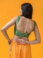 Amodini Designer Studio Women's Banarsi Brocade Sleeveless Green Blouse