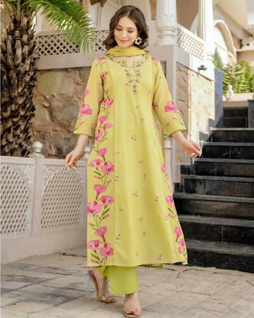 The52 Lemons Women's Beautiful Chanderi Fabric Printed Work Straight Kurta Pant and Dupatta Set - Distacart