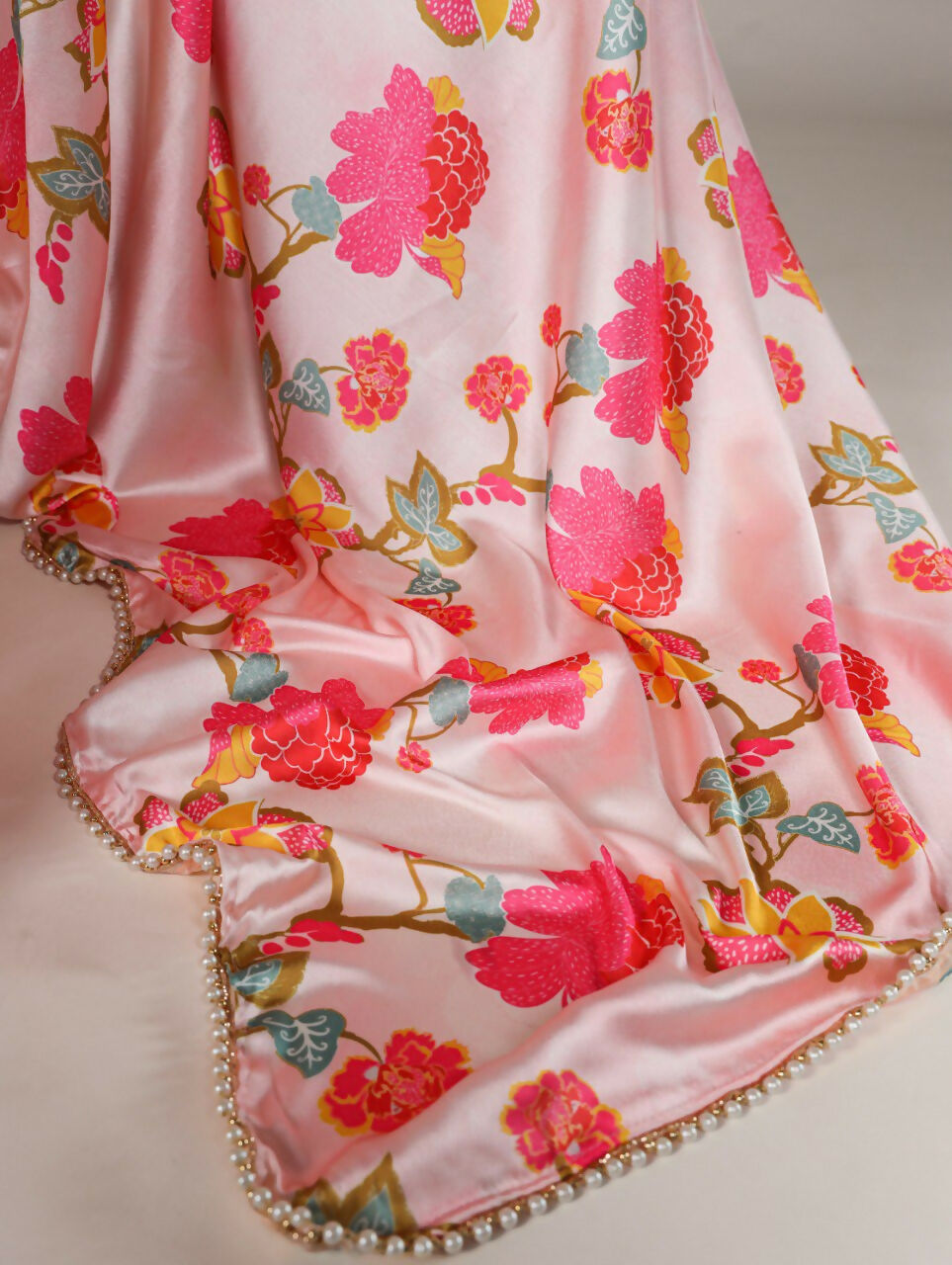 Vastranavya Peach Satin Silk Floral Printed with Pearl Lace Saree with Unstitched Blouse - Distacart