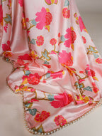 Vastranavya Peach Satin Silk Floral Printed with Pearl Lace Saree with Unstitched Blouse - Distacart