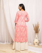 FIORRA Women's Floral Printed Peach Cotton Straight Kurta