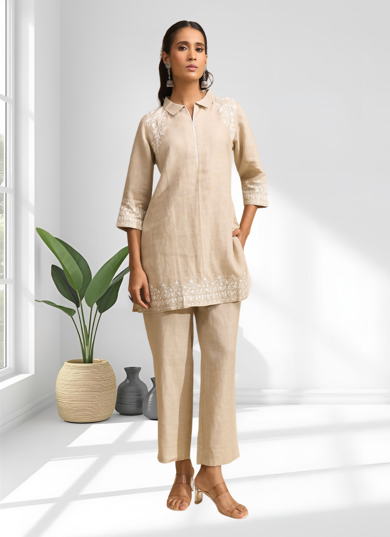 Joban Fashion Beige Linen Embroidered Readymade Cord Set - Distacart