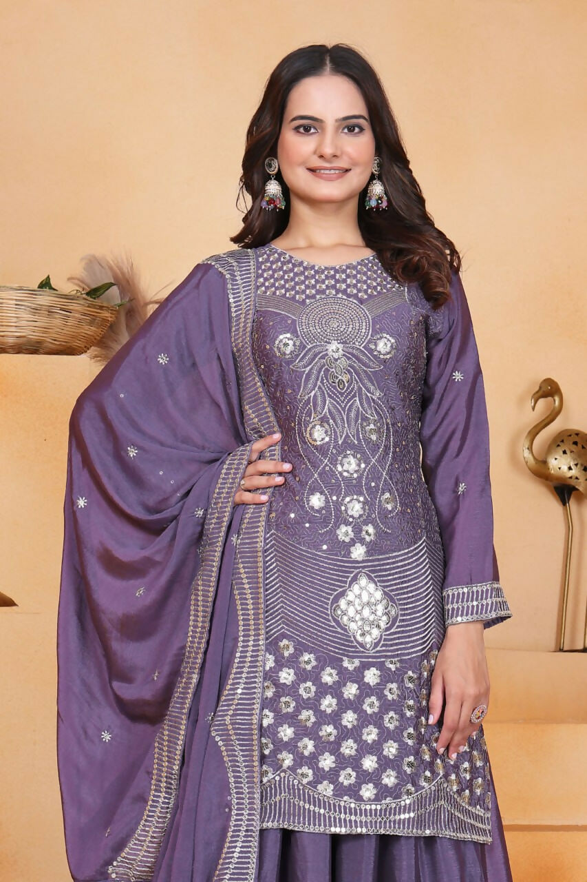 Teeya Creation Lavender Chinon Embroidery Work Party Wear Palazzo Suit - Distacart