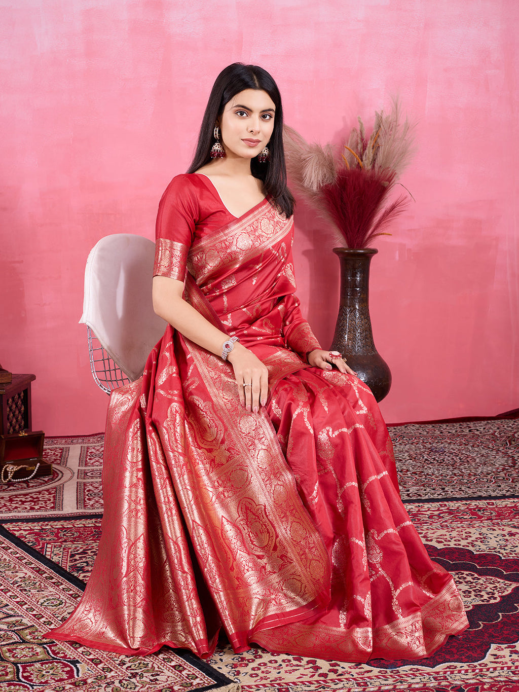 Vedant Vastram Banarasi Silk Fashion Saree - Red