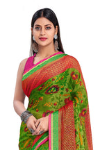 Vamika Green & Pink Designer Chiffon Brasso Saree With Exclusive Banarasi Lace