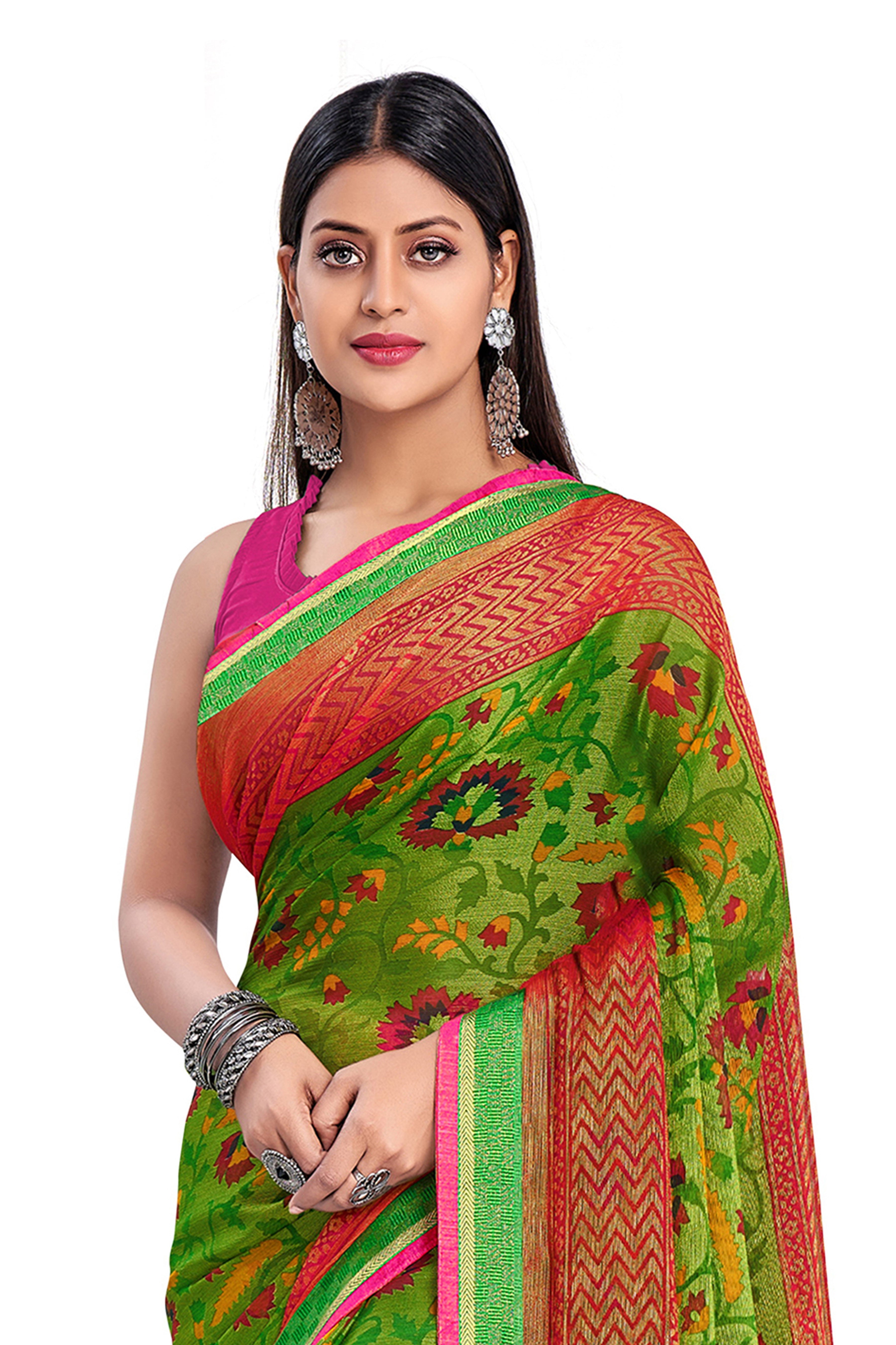 Vamika Green & Pink Designer Chiffon Brasso Saree With Exclusive Banarasi Lace
