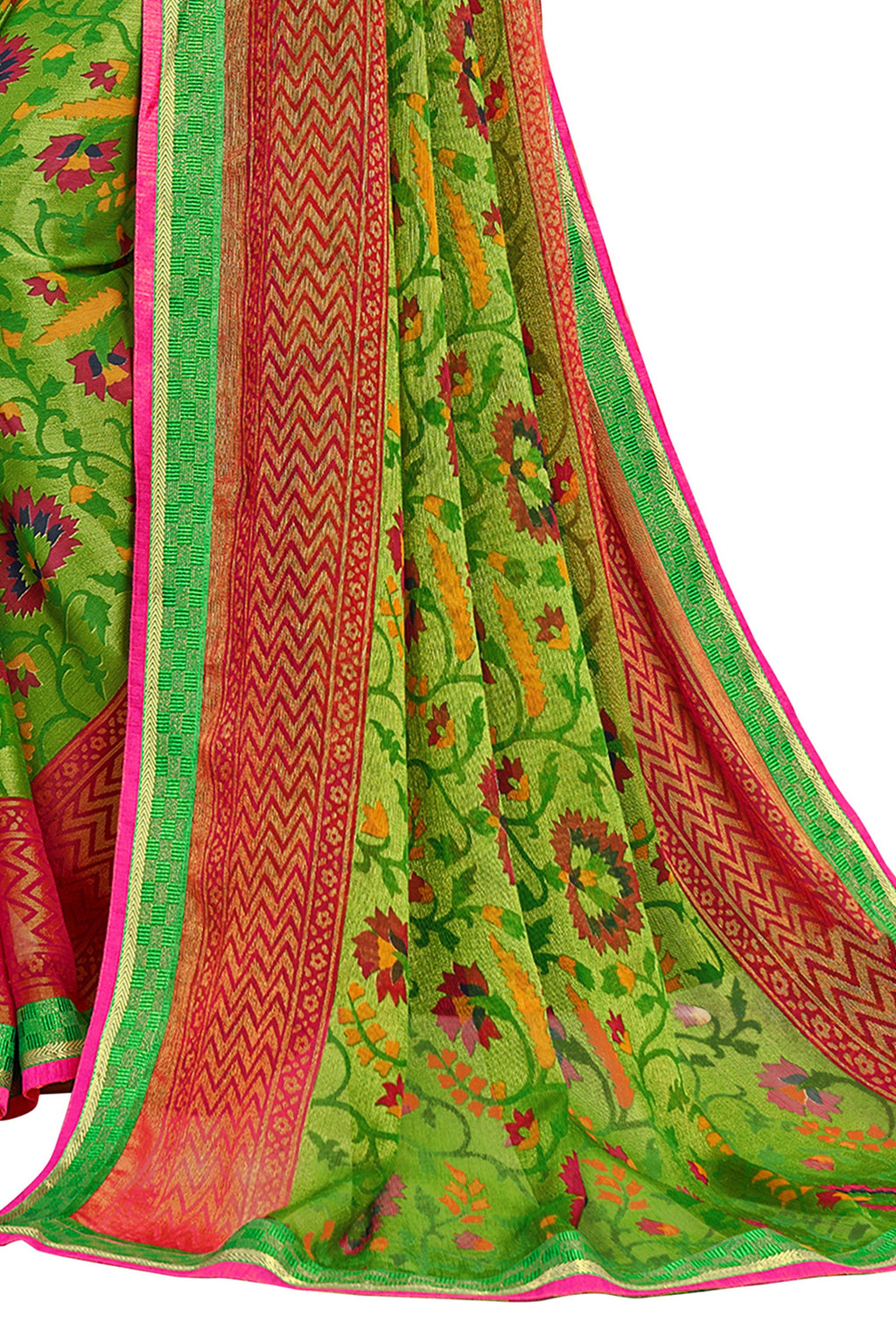 Vamika Green & Pink Designer Chiffon Brasso Saree With Exclusive Banarasi Lace