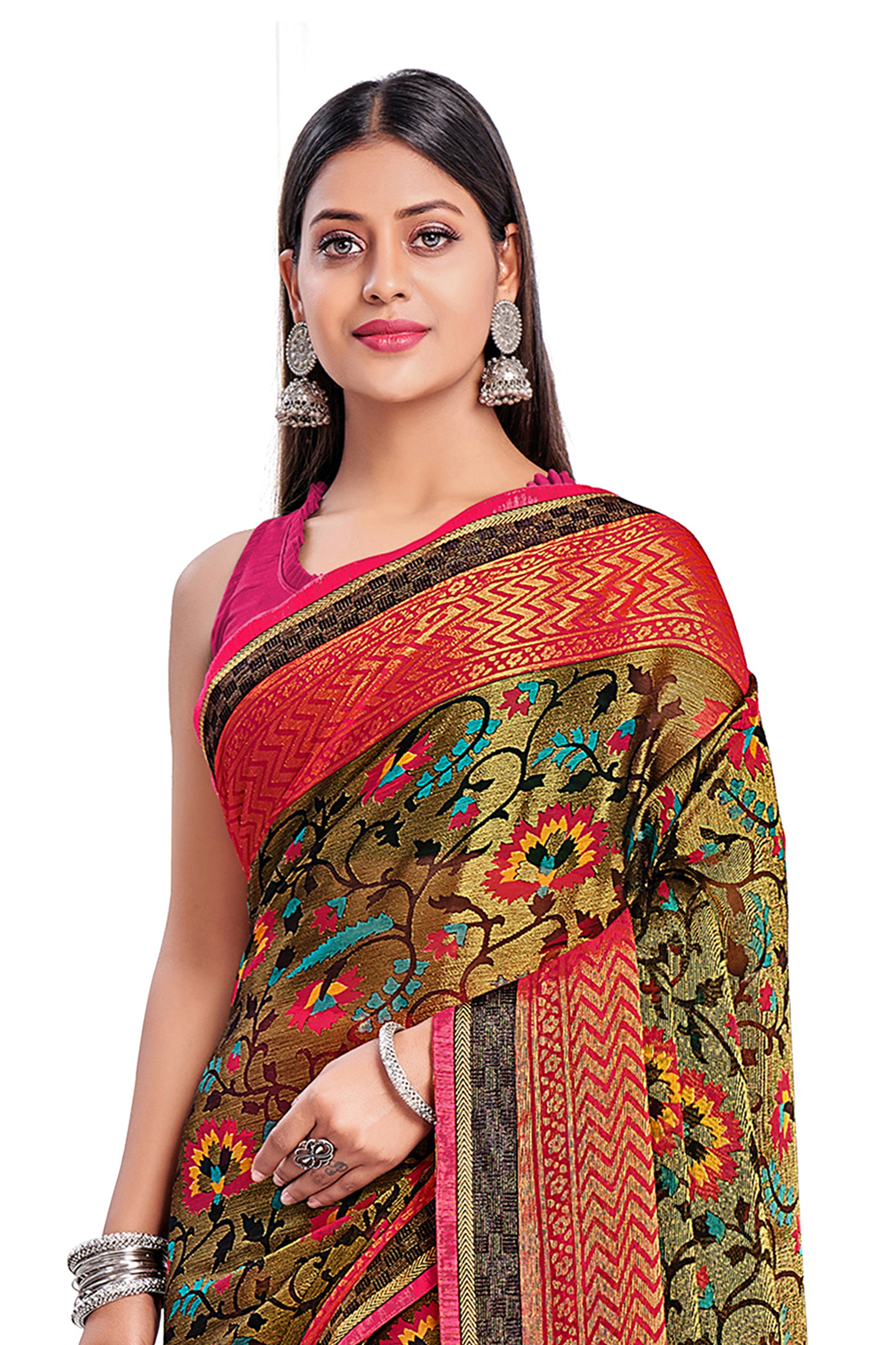 Vamika Golden Yellow Designer Chiffon Brasso Saree With Exclusive Banarasi Lace