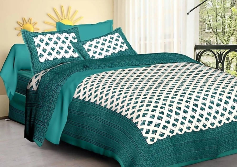 Vamika Printed Cotton Sea Green & White Bedsheet With Pillow Covers (LEOC_BRFI_SG)