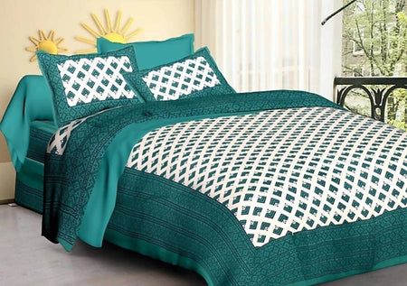 Vamika Printed Cotton Sea Green & White Bedsheet With Pillow Covers (LEOC_BRFI_SG)