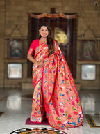 Vedant Vastram Soft Litchi Silk Paithani Jacquard Saree - Pink