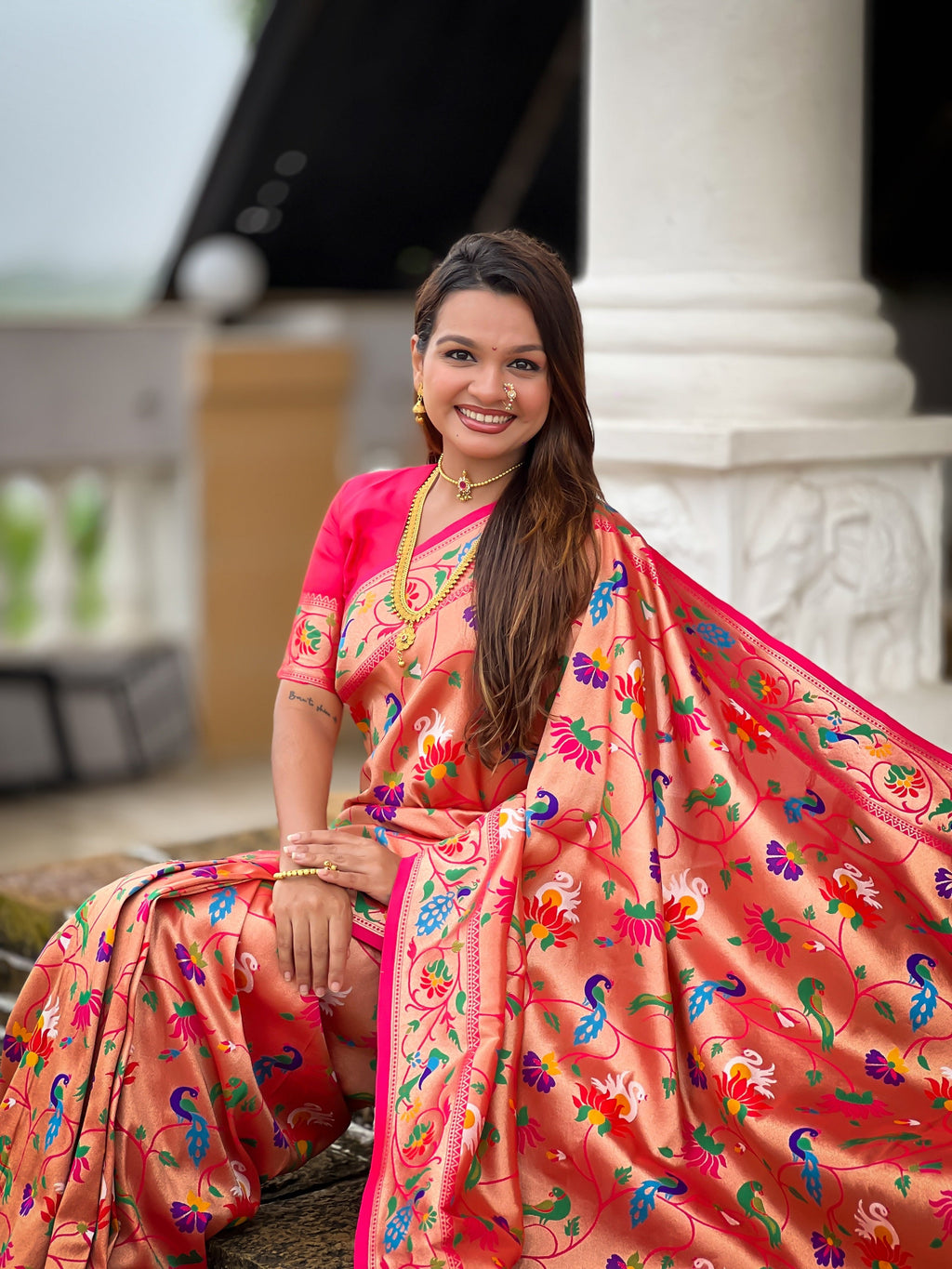 Vedant Vastram Soft Litchi Silk Paithani Jacquard Saree - Pink