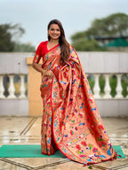 Vedant Vastram Soft Litchi Silk Paithani Jacquard Saree - Red