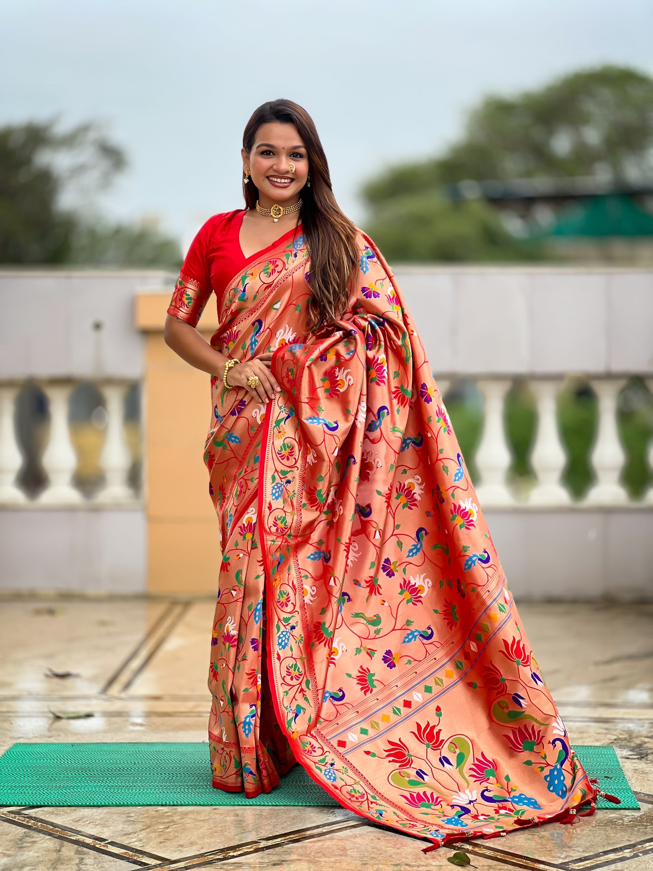 Vedant Vastram Soft Litchi Silk Paithani Jacquard Saree - Red