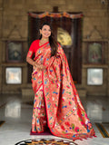 Vedant Vastram Soft Litchi Silk Paithani Jacquard Saree - Red