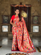 Vedant Vastram Soft Litchi Silk Paithani Jacquard Saree - Red